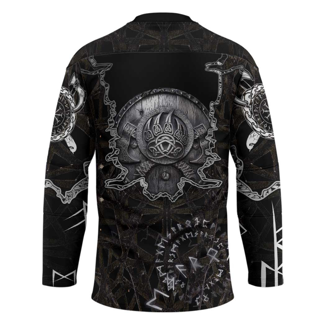 Viking Elder and Helm of Awe Norse Mythology Hockey Jersey Monochrome Rune Engraving Style