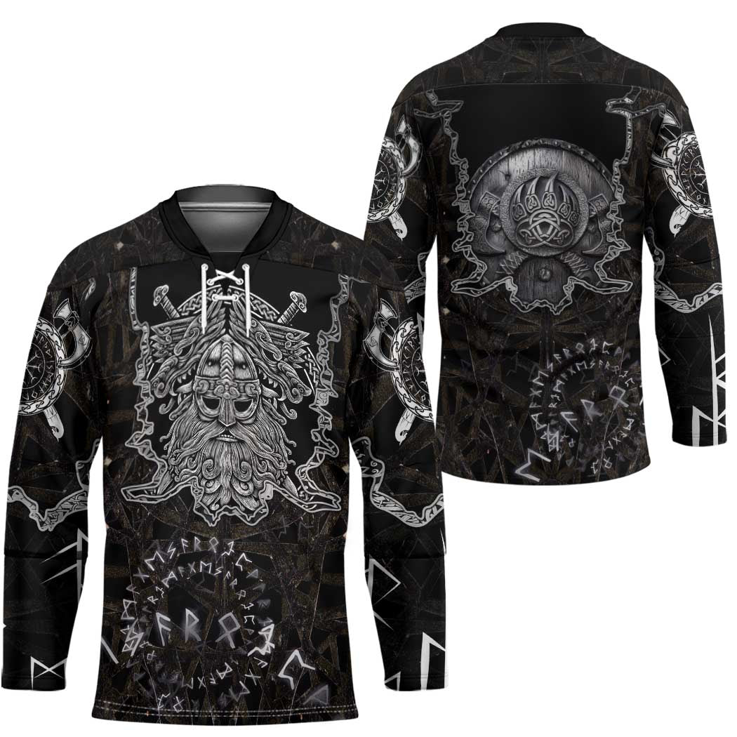 Viking Elder and Helm of Awe Norse Mythology Hockey Jersey Monochrome Rune Engraving Style