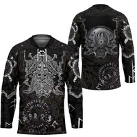 Viking Elder and Helm of Awe Norse Mythology Hockey Jersey Monochrome Rune Engraving Style