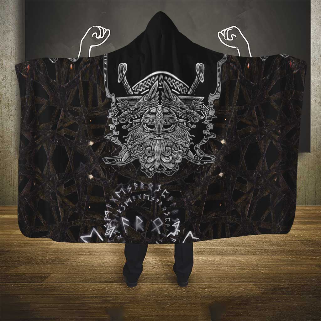 Viking Elder and Helm of Awe Norse Mythology Hooded Blanket Monochrome Rune Engraving Style