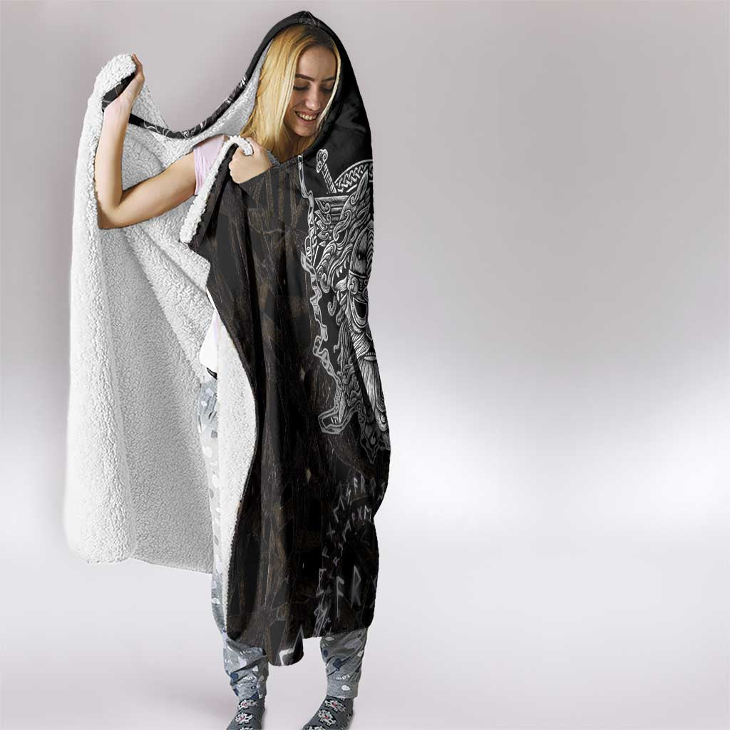 Viking Elder and Helm of Awe Norse Mythology Hooded Blanket Monochrome Rune Engraving Style