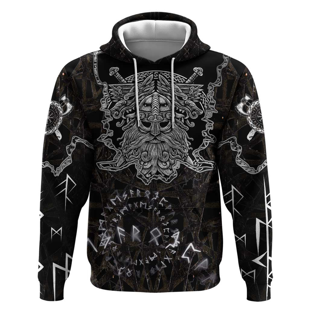 Viking Elder and Helm of Awe Norse Mythology Hoodie Monochrome Rune Engraving Style