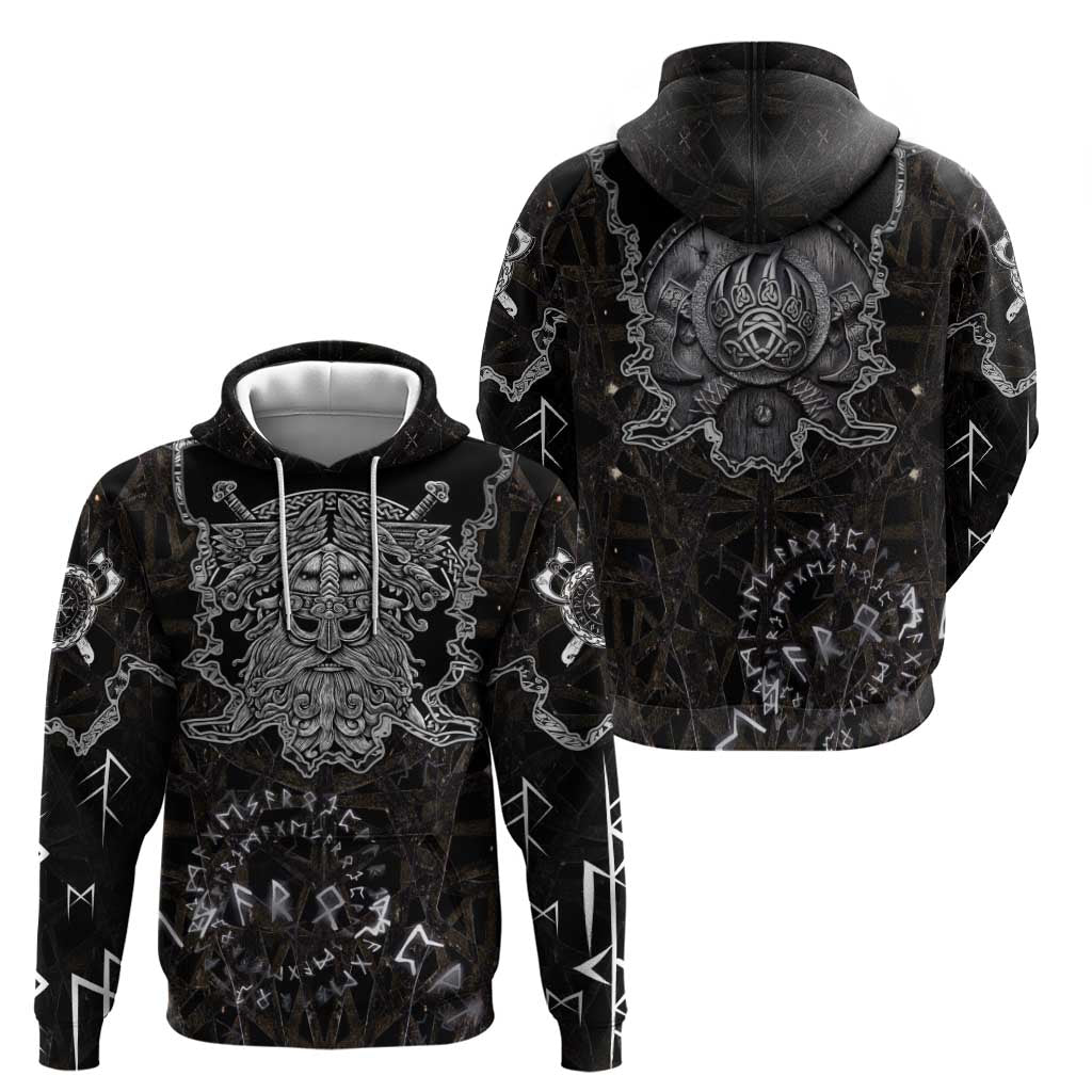 Viking Elder and Helm of Awe Norse Mythology Hoodie Monochrome Rune Engraving Style