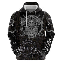Viking Elder and Helm of Awe Norse Mythology Hoodie Monochrome Rune Engraving Style