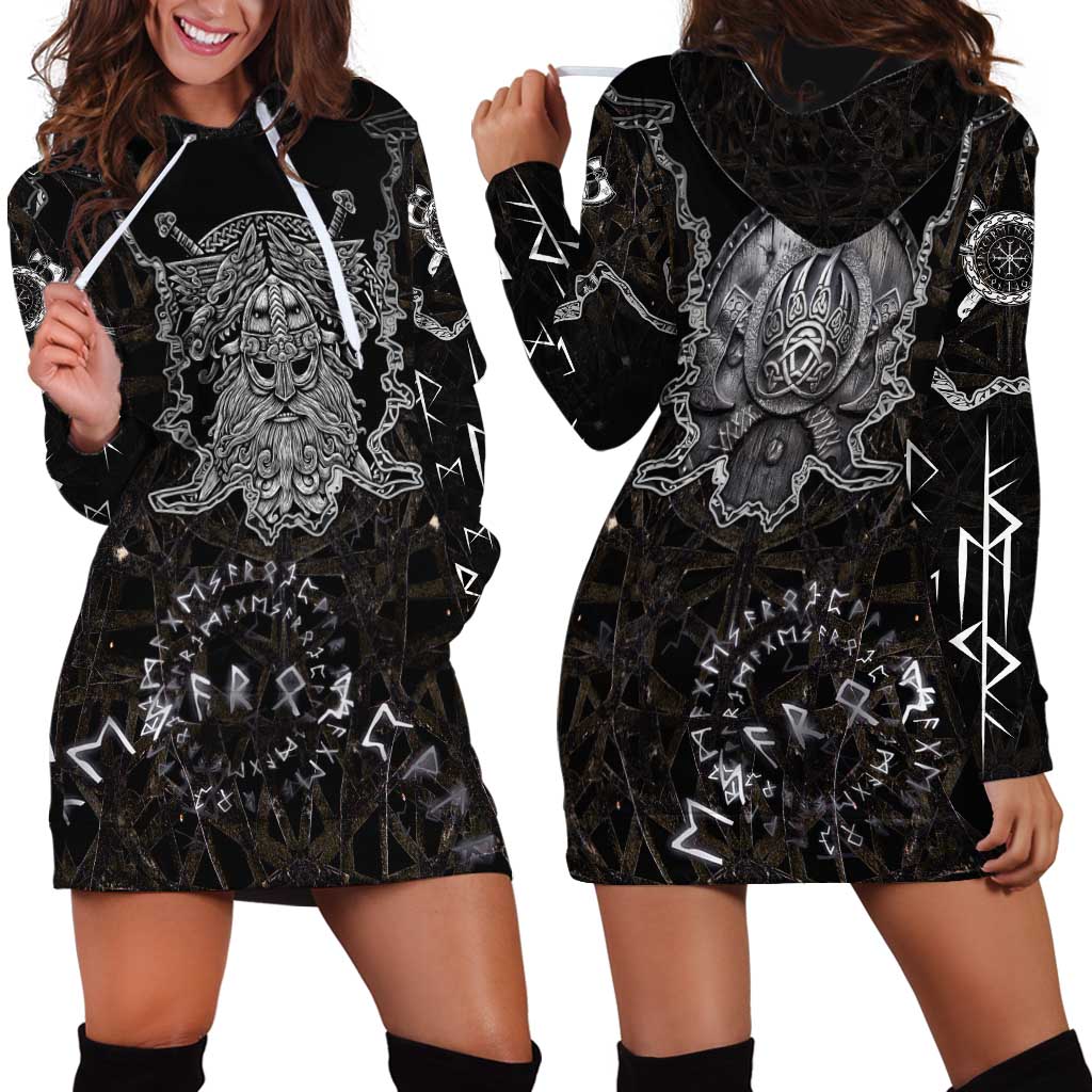Viking Elder and Helm of Awe Norse Mythology Hoodie Dress Monochrome Rune Engraving Style