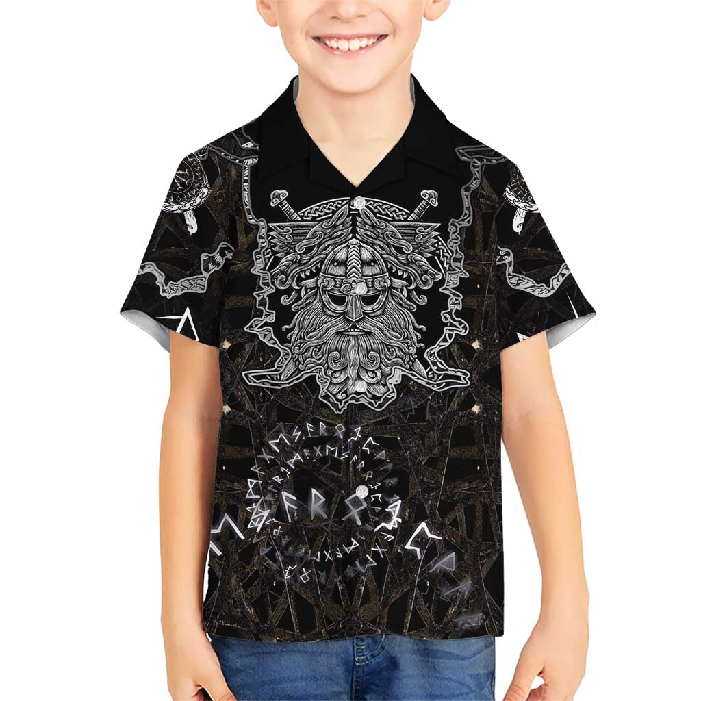 Viking Elder and Helm of Awe Norse Mythology Kid Hawaiian Shirt Monochrome Rune Engraving Style