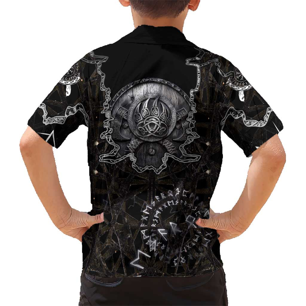 Viking Elder and Helm of Awe Norse Mythology Kid Hawaiian Shirt Monochrome Rune Engraving Style
