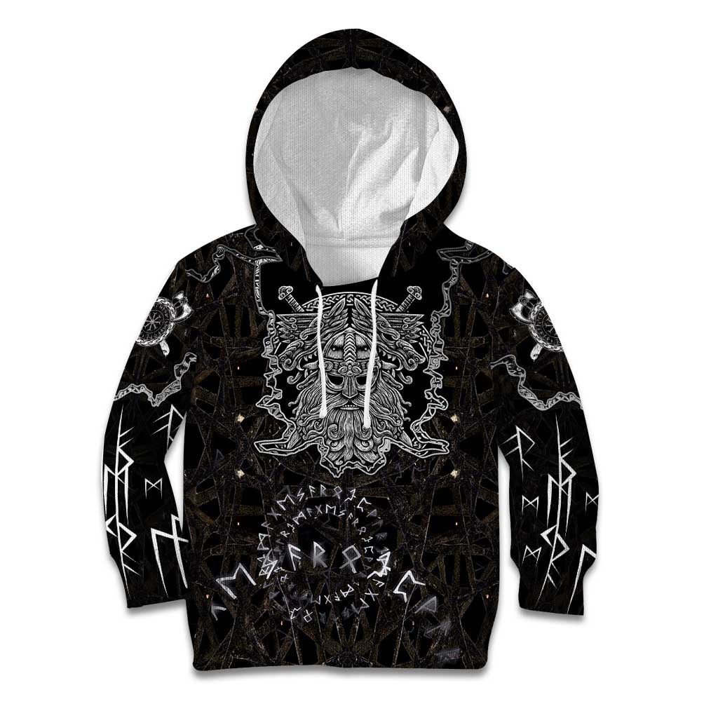 Viking Elder and Helm of Awe Norse Mythology Kid Hoodie Monochrome Rune Engraving Style