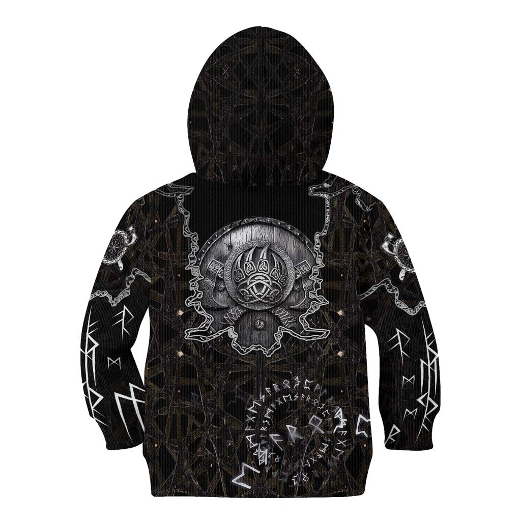 Viking Elder and Helm of Awe Norse Mythology Kid Hoodie Monochrome Rune Engraving Style