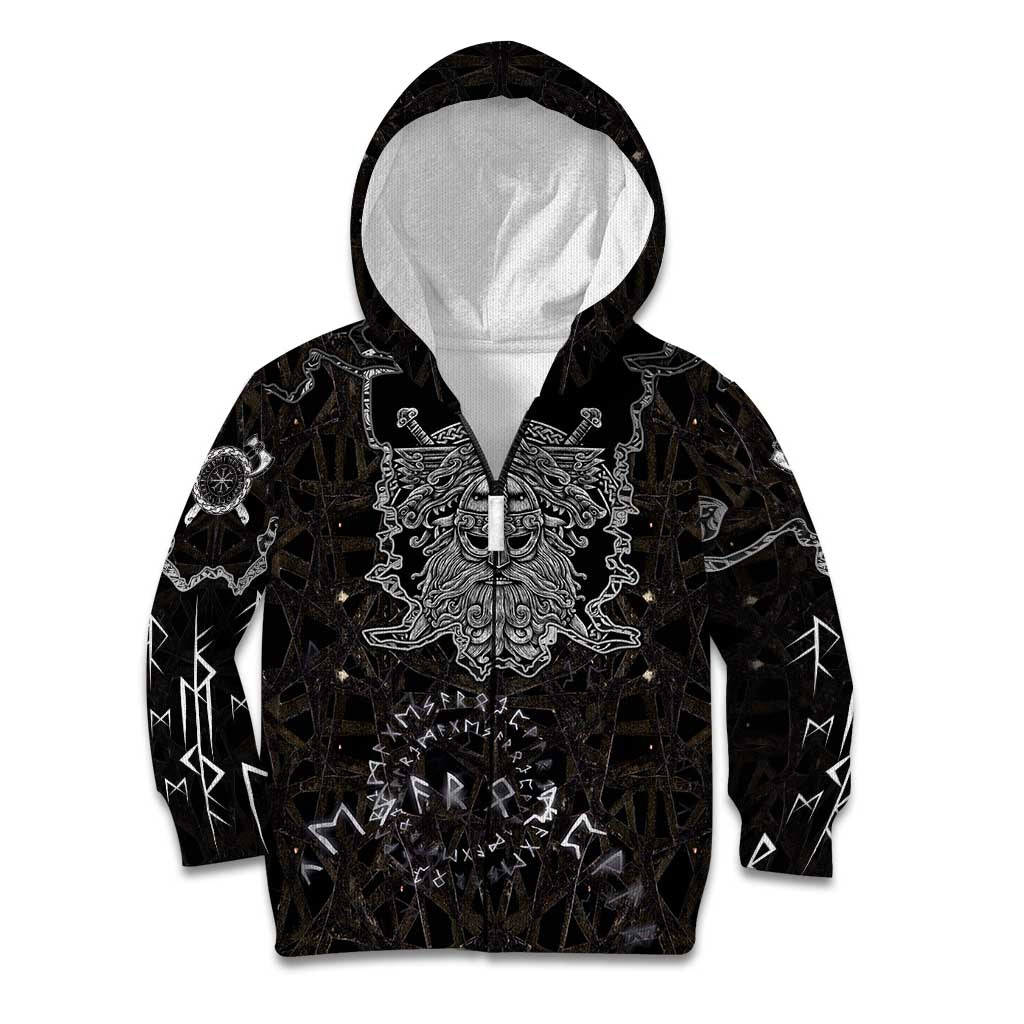 Viking Elder and Helm of Awe Norse Mythology Kid Hoodie Monochrome Rune Engraving Style