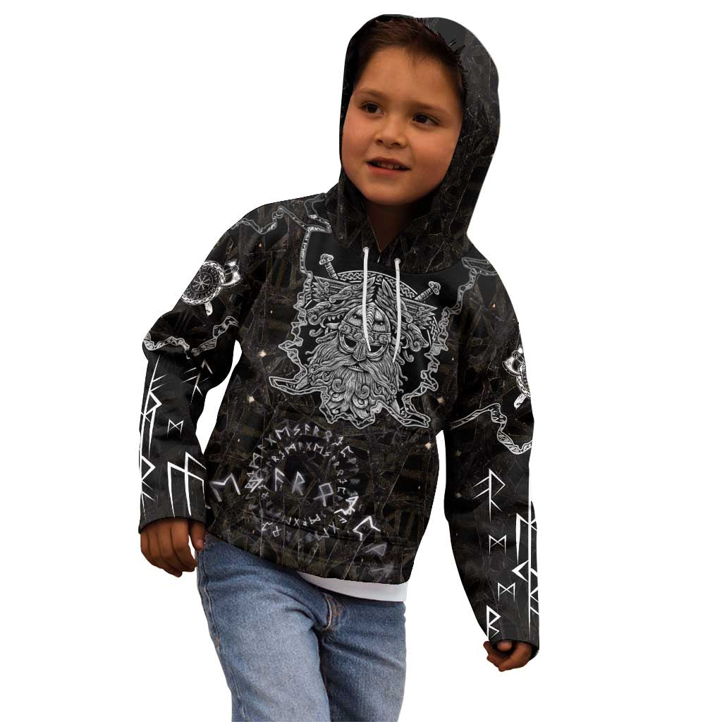 Viking Elder and Helm of Awe Norse Mythology Kid Hoodie Monochrome Rune Engraving Style
