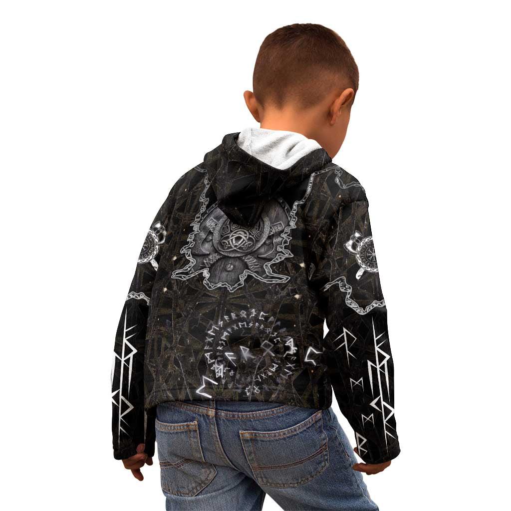 Viking Elder and Helm of Awe Norse Mythology Kid Hoodie Monochrome Rune Engraving Style