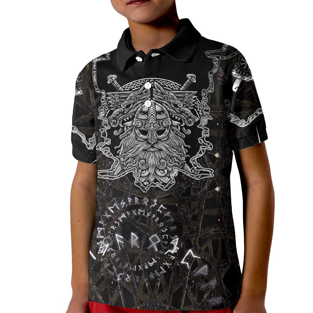 Viking Elder and Helm of Awe Norse Mythology Kid Polo Shirt Monochrome Rune Engraving Style