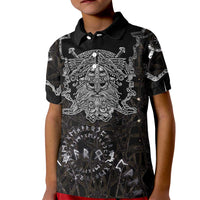 Viking Elder and Helm of Awe Norse Mythology Kid Polo Shirt Monochrome Rune Engraving Style