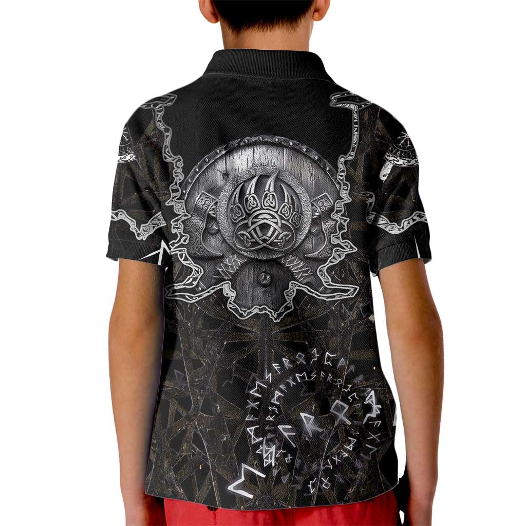 Viking Elder and Helm of Awe Norse Mythology Kid Polo Shirt Monochrome Rune Engraving Style