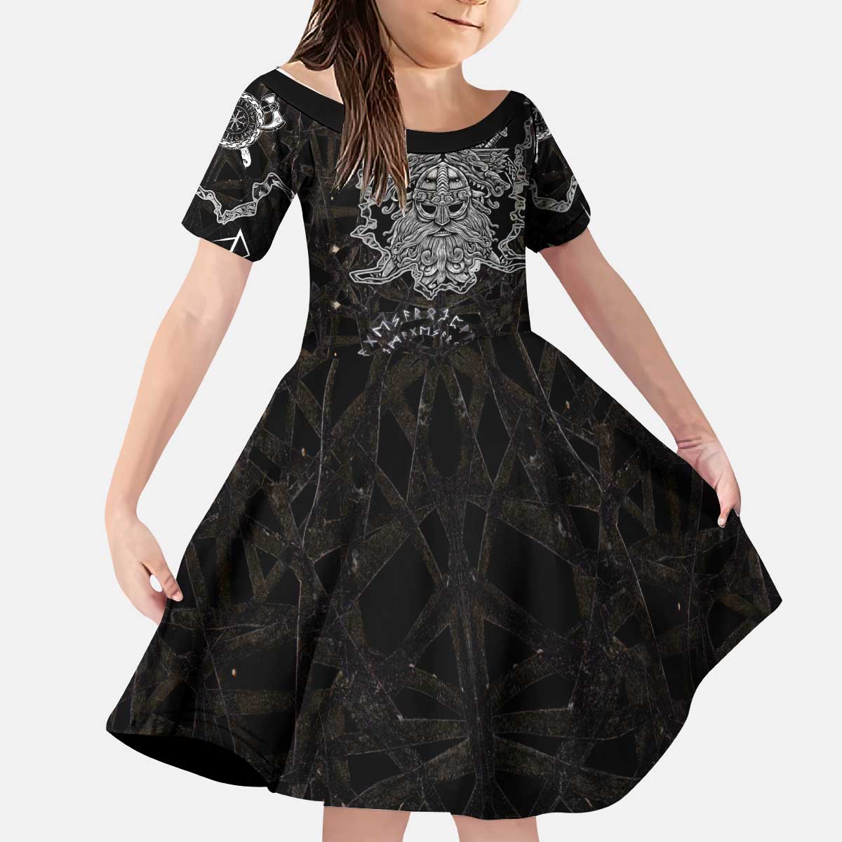 Viking Elder and Helm of Awe Norse Mythology Kid Short Sleeve Dress Monochrome Rune Engraving Style