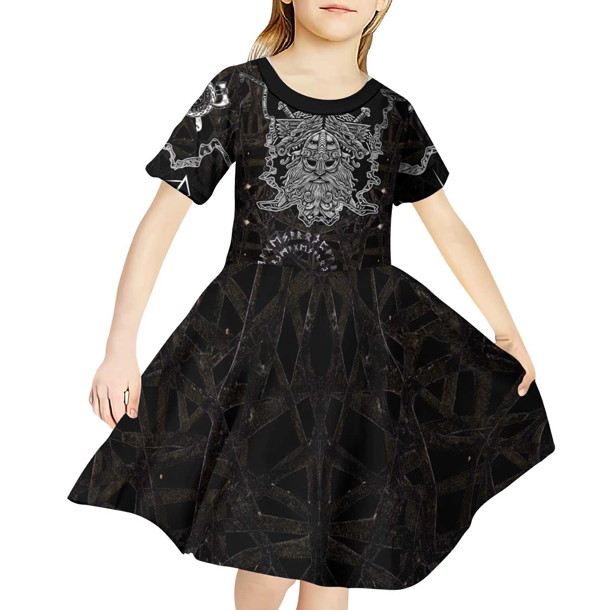 Viking Elder and Helm of Awe Norse Mythology Kid Short Sleeve Dress Monochrome Rune Engraving Style