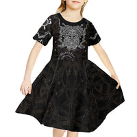 Viking Elder and Helm of Awe Norse Mythology Kid Short Sleeve Dress Monochrome Rune Engraving Style