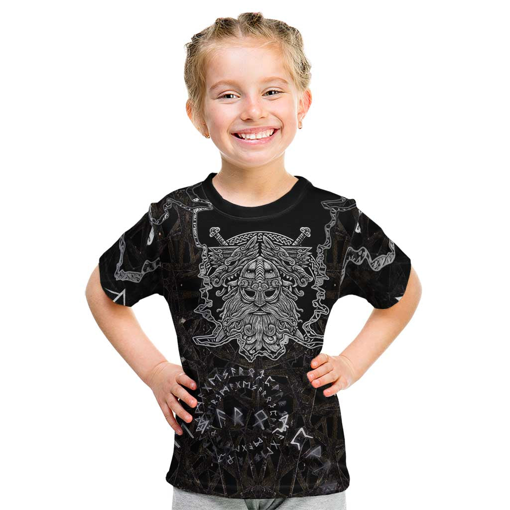 Viking Elder and Helm of Awe Norse Mythology Kid T Shirt Monochrome Rune Engraving Style