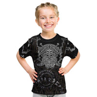 Viking Elder and Helm of Awe Norse Mythology Kid T Shirt Monochrome Rune Engraving Style