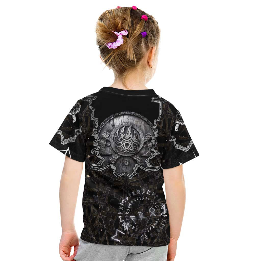 Viking Elder and Helm of Awe Norse Mythology Kid T Shirt Monochrome Rune Engraving Style