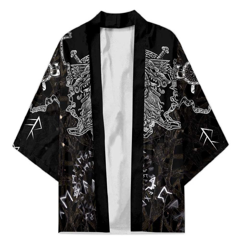 Viking Elder and Helm of Awe Norse Mythology Kimono Monochrome Rune Engraving Style