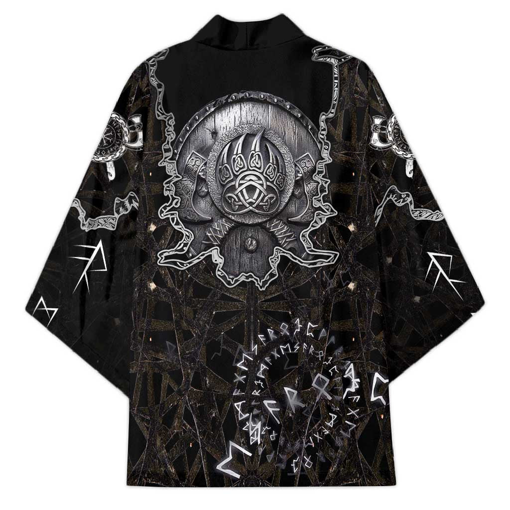 Viking Elder and Helm of Awe Norse Mythology Kimono Monochrome Rune Engraving Style