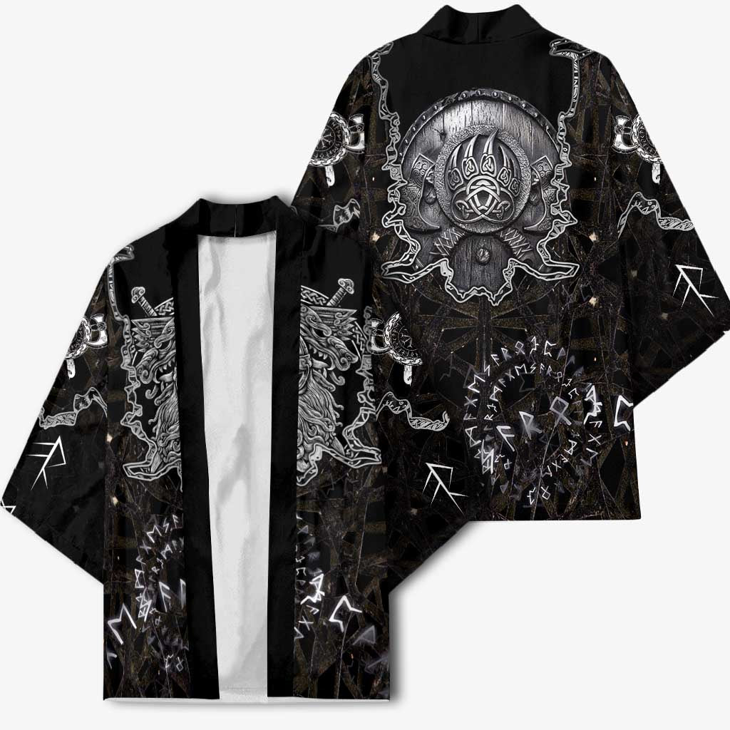 Viking Elder and Helm of Awe Norse Mythology Kimono Monochrome Rune Engraving Style
