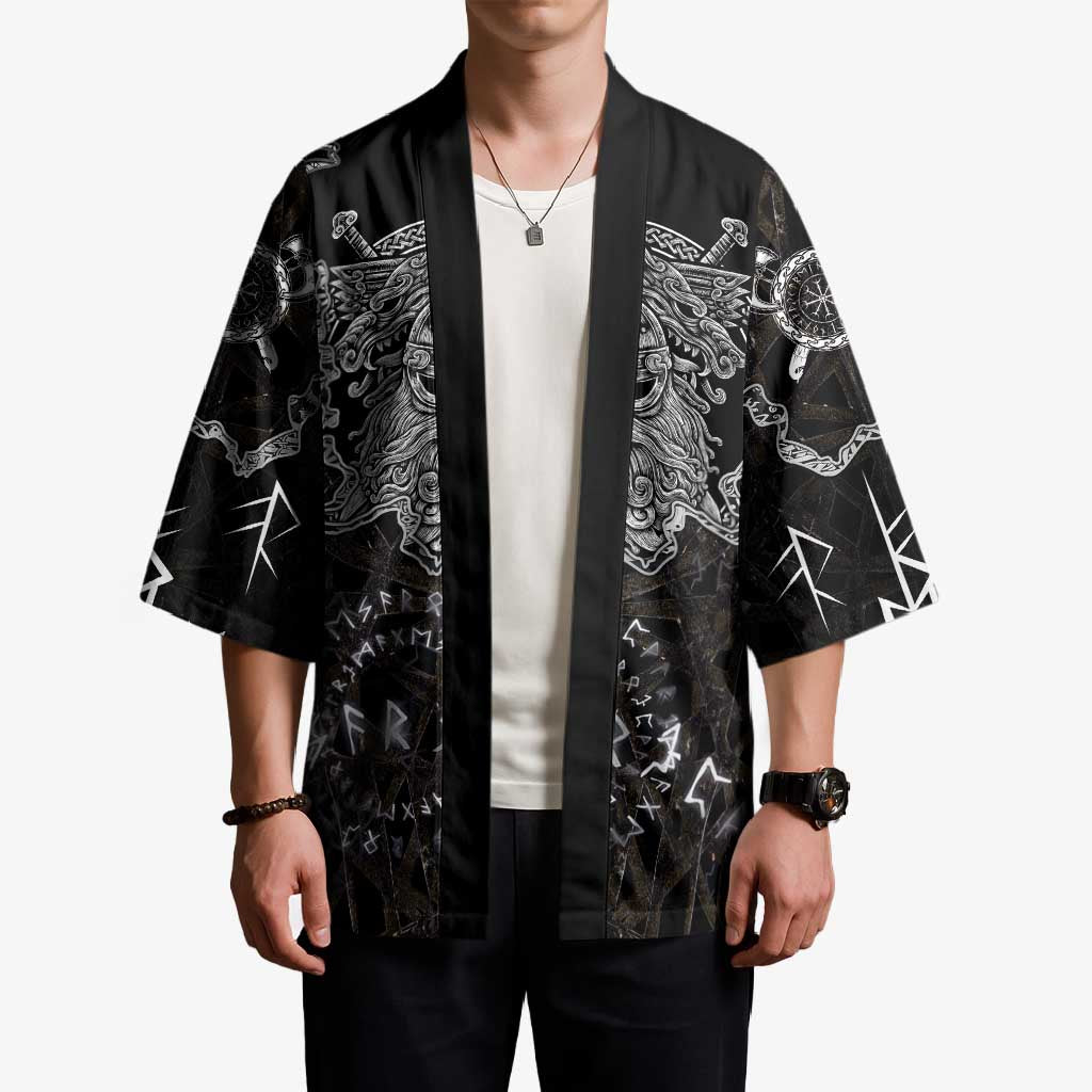 Viking Elder and Helm of Awe Norse Mythology Kimono Monochrome Rune Engraving Style