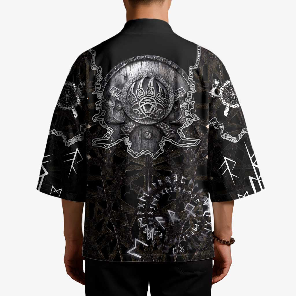 Viking Elder and Helm of Awe Norse Mythology Kimono Monochrome Rune Engraving Style