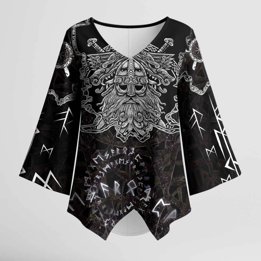 Viking Elder and Helm of Awe Norse Mythology Kimono Sleeve Blouse Monochrome Rune Engraving Style