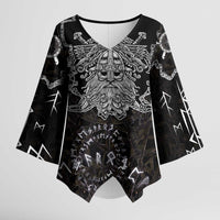 Viking Elder and Helm of Awe Norse Mythology Kimono Sleeve Blouse Monochrome Rune Engraving Style