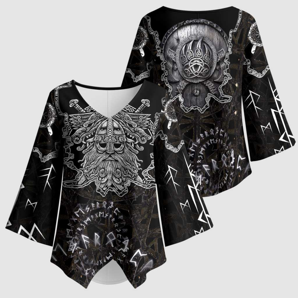 Viking Elder and Helm of Awe Norse Mythology Kimono Sleeve Blouse Monochrome Rune Engraving Style