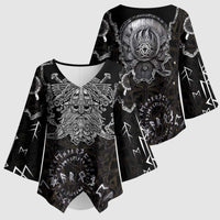Viking Elder and Helm of Awe Norse Mythology Kimono Sleeve Blouse Monochrome Rune Engraving Style