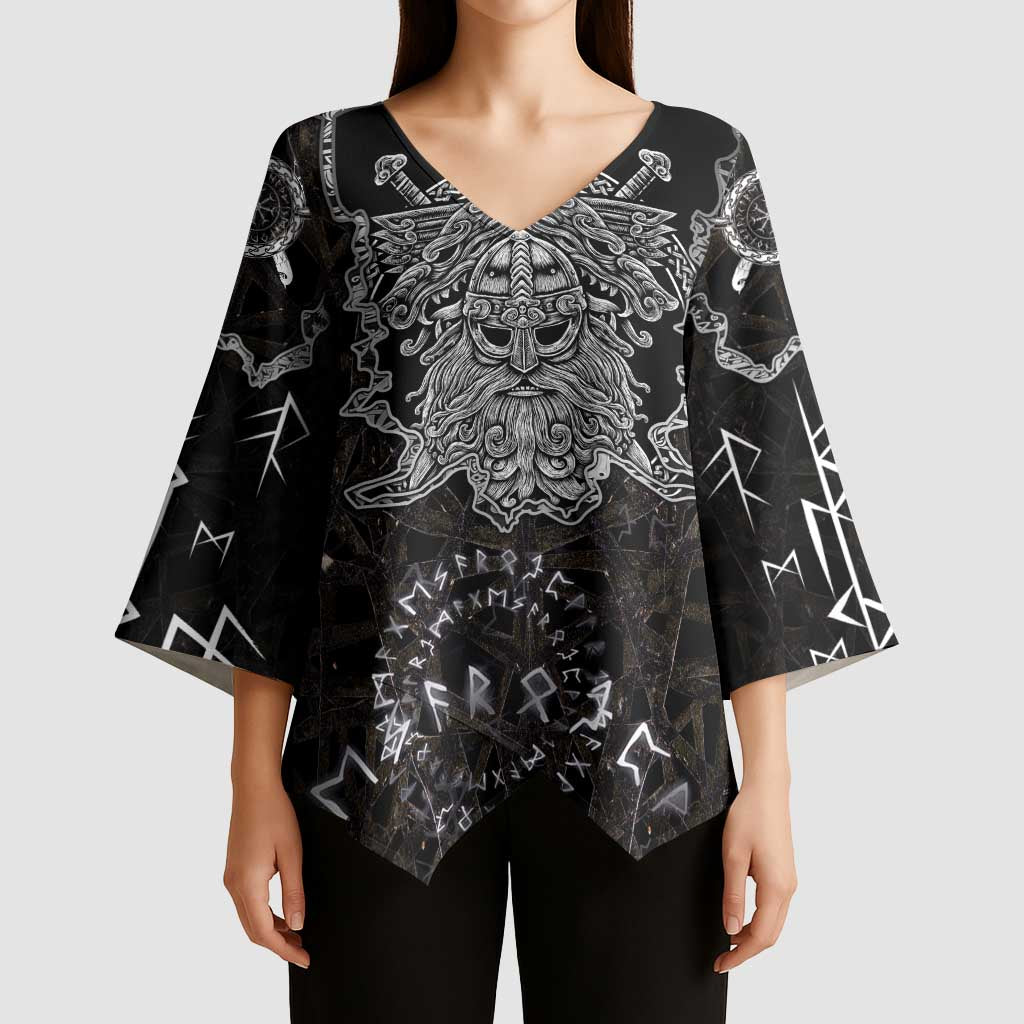 Viking Elder and Helm of Awe Norse Mythology Kimono Sleeve Blouse Monochrome Rune Engraving Style