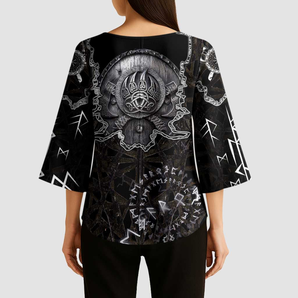 Viking Elder and Helm of Awe Norse Mythology Kimono Sleeve Blouse Monochrome Rune Engraving Style