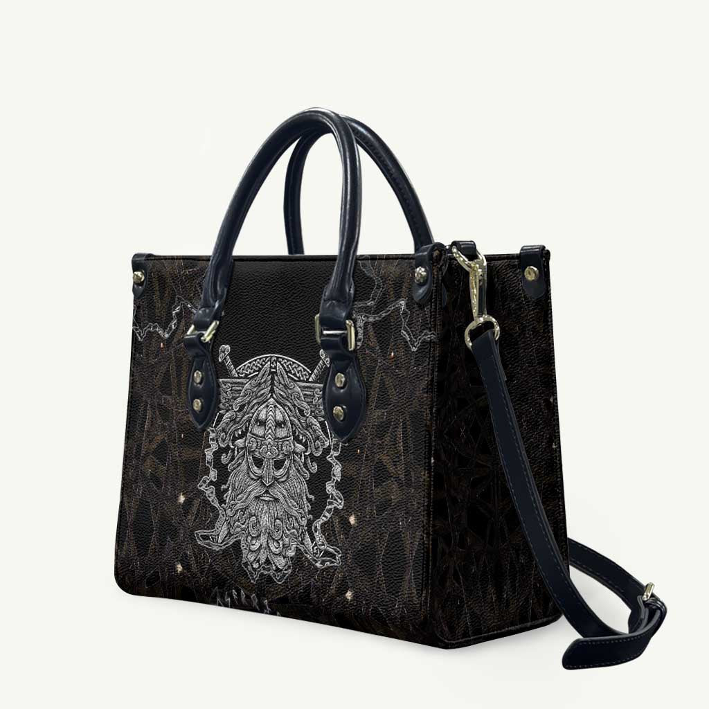 Viking Elder and Helm of Awe Norse Mythology Leather Bag Monochrome Rune Engraving Style