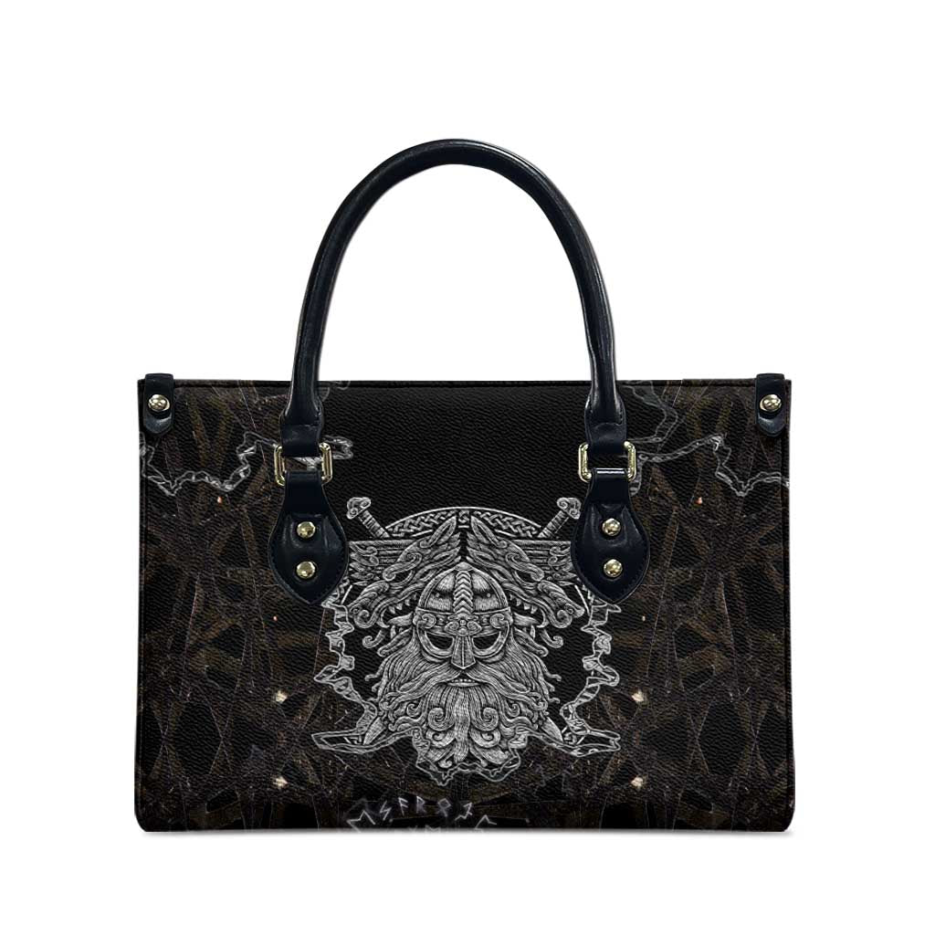 Viking Elder and Helm of Awe Norse Mythology Leather Bag Monochrome Rune Engraving Style