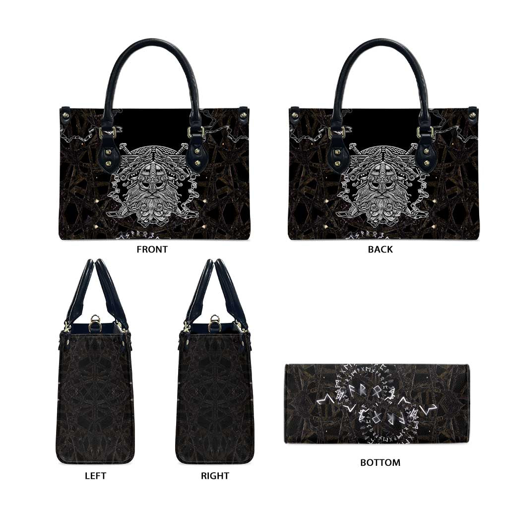 Viking Elder and Helm of Awe Norse Mythology Leather Bag Monochrome Rune Engraving Style