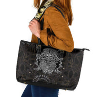 Viking Elder and Helm of Awe Norse Mythology Leather Tote Bag Monochrome Rune Engraving Style