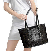 Viking Elder and Helm of Awe Norse Mythology Leather Tote Bag Monochrome Rune Engraving Style