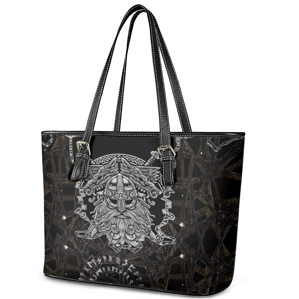 Viking Elder and Helm of Awe Norse Mythology Leather Tote Bag Monochrome Rune Engraving Style