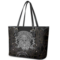 Viking Elder and Helm of Awe Norse Mythology Leather Tote Bag Monochrome Rune Engraving Style