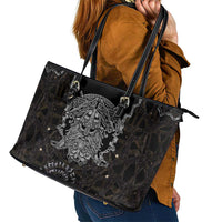 Viking Elder and Helm of Awe Norse Mythology Leather Tote Bag Monochrome Rune Engraving Style