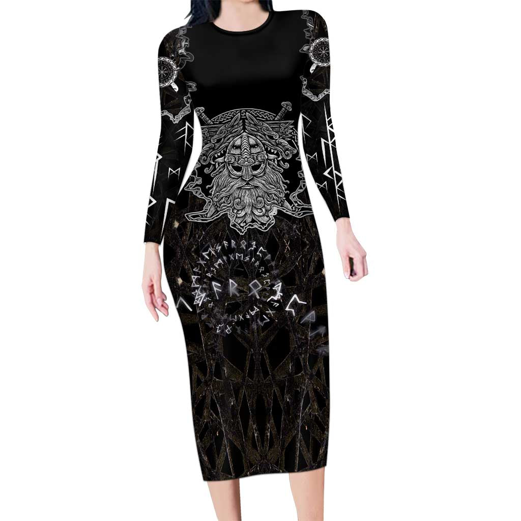 Viking Elder and Helm of Awe Norse Mythology Long Sleeve Bodycon Dress Monochrome Rune Engraving Style
