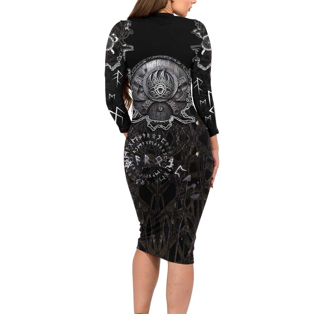 Viking Elder and Helm of Awe Norse Mythology Long Sleeve Bodycon Dress Monochrome Rune Engraving Style