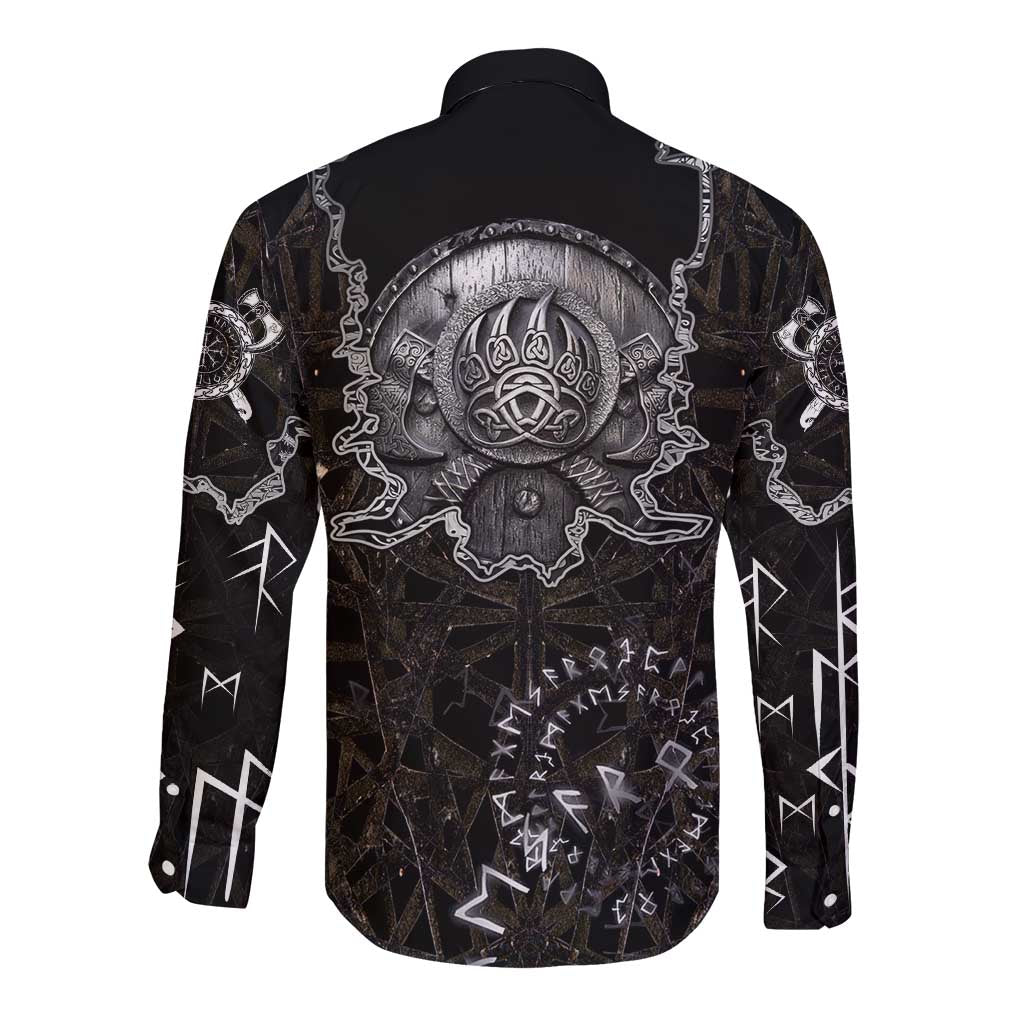 Viking Elder and Helm of Awe Norse Mythology Long Sleeve Button Shirt Monochrome Rune Engraving Style