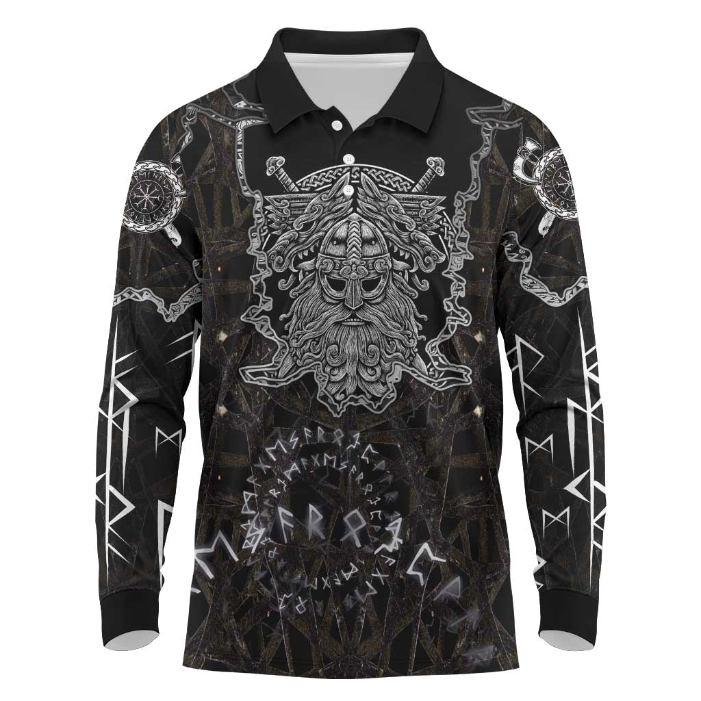 Viking Elder and Helm of Awe Norse Mythology Long Sleeve Polo Shirt Monochrome Rune Engraving Style