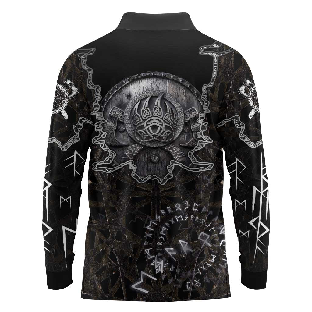 Viking Elder and Helm of Awe Norse Mythology Long Sleeve Polo Shirt Monochrome Rune Engraving Style