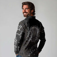 Viking Elder and Helm of Awe Norse Mythology Long Sleeve Polo Shirt Monochrome Rune Engraving Style